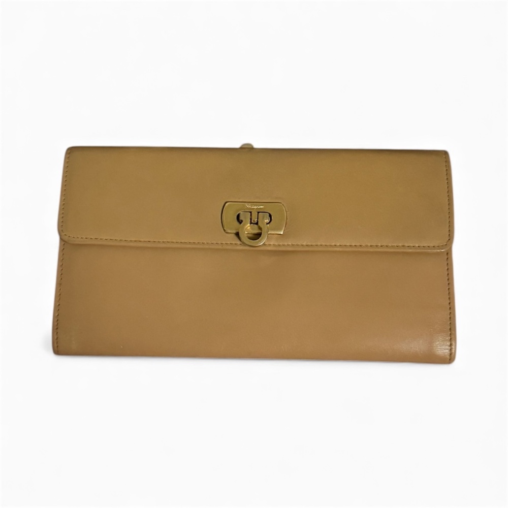 Salvatore Ferragamo Gancini Beige/Tan Long Leather Wallet with Kiss Lock